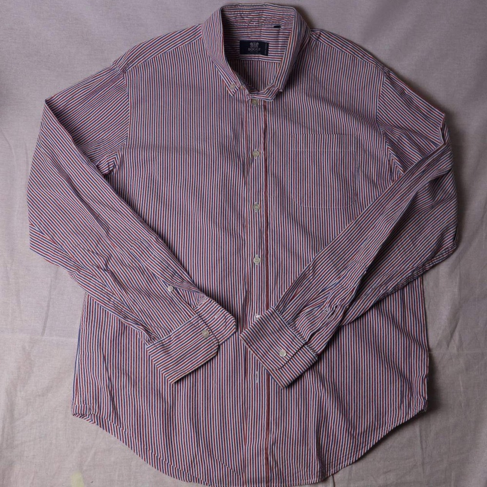 Boggi Milano Mens Red White Blue Striped Button Down Shirt Long Sleeve Cotton L
